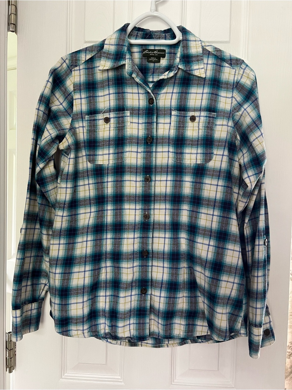 Eddie Bauer Turquoise, Green, and White Plaid Flannel Shirt